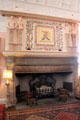 Great hall fireplace commemorates 1603 union of crowns of Scotland & England at Glamis Castle. Angus, Scotland.