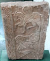 Pictish cross-slab with horseman over spiral-filled double disc & crescent & hound at Meigle Sculptured Stone Museum. Meigle, Scotland.