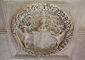 Heraldic panel framed by fruit commemorates marriage of 3red Earl of Kellie to Mary Dalzell in 1676 on ceiling in drawing room at Kellie Castle. Pittenweem, Scotland.