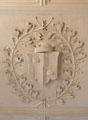 Heraldic panel framed by laurel leaves commemorates marriage of 3red Earl of Kellie to Mary Dalzell in 1676 on ceiling in drawing room at Kellie Castle. Pittenweem, Scotland.