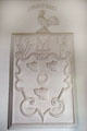 Sculpted ceiling detail of Forbes crest with three muzzled bears in Nursery at Craigievar Castle. Alford, Scotland.