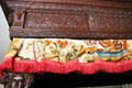 Detail of four-poster bed carvings & embroidery in Laird's bedroom at Crathes Castle. Crathes, Scotland.