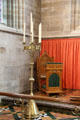 Candlestick before chair & kneeler in chapel at Haddo House. Methlick, Scotland.