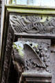 Carved wooden owl beside front door at Wightwick Manor. Wolverhampton, England.