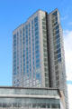 Upper stories of Obel Tower beside Lagan River. Belfast, Northern Ireland.