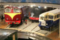 NIR diesel locomotive no. 102 'Falcon' , LMS NCC steam locomotive no. 74 'Dunluce Castle' & GNR railbus no. 1 at Ulster Transport Museum. Belfast, Northern Ireland.