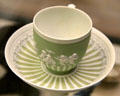 Wedgwood green & white jasper ware coffee cup & saucer with cherubs at play at British Museum. London, United Kingdom.
