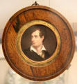 George Gordon, Lord Byron portrait painted by J. Haslem on Derby porcelain plaque at British Museum. London, United Kingdom.