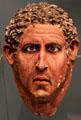 Painted lime plaster mask of man shaped over his skull from Hu at British Museum. London, United Kingdom