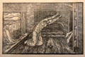 Psyche lights candle to uncover Cupid's identity, but he storms out after such a betrayal graphic by Edward Burne-Jones in Earthly Paradise poem by William Morris for Kelmscott Press at Morris Gallery. London, United Kingdom.
