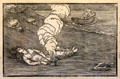 Psyche's final task is to take a casket to Venus but she opens it instead & is near death graphic by Edward Burne-Jones in Earthly Paradise poem by William Morris for Kelmscott Press at Morris Gallery. London, United Kingdom.