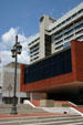 Cantilevered entrance of Arkansas Bar Center. Little Rock, AR.