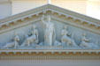 Pediment detail of California State Capitol with statue of California & bear flanked by women symbolic of the arts. Sacramento, CA.