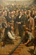 Detail Thomas Hill's "The Last Spike" showing Leland Stanford with hammer & golden spike at California State Railroad Museum. Sacramento, CA.