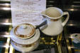Webster pattern sugar bowl & creamer used by Fred Harvey in El Tovar Hotel at Grand Canyon on AT&SF route at California State Railroad Museum. Sacramento, CA.