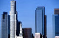 Skyline of downtown skyscrapers: Gas Company Tower, First Interstate World Center, California Plaza & others. Los Angeles, CA.