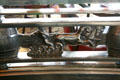 Art Deco sea horses on railing of Promenade Deck Observation Bar of Queen Mary. Long Beach, CA.
