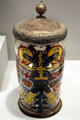 Germanic glass mug painted with Reichsadler eagle & city arms at LACMA. Los Angeles, CA.