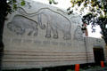 Allan Hancock Foundation at USC with Alfred Newman Recital Hall decorated with reliefs of prehistoric creatures. Los Angeles, CA.