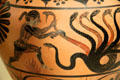 Etruscan terracotta black-figure water jar with Herakles & Hydra from Central Italy at Getty Museum Villa. Malibu, CA.