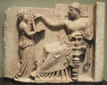 Greek marble gravestone of woman with attendant at Getty Museum Villa. Malibu, CA.