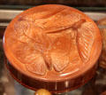 Pressed glass round box with moths on lid at Historical Glass Museum. Redlands, CA.