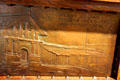 Bronze inlay showing Mission Dolores of San Francisco on upright piano by Bryon Mauzy at Mission Inn Museum. Riverside, CA.