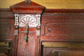 Grizzly Flats railway woodwork & coat hook in passenger car at Orange Empire Railway Museum. Perris, CA.