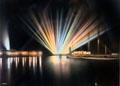 Hand-colored print shows colored light show at night of Panama-Pacific International Exposition in private collection. San Francisco, CA.