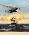 Graphic of Pan Am Clipper over a clipper ship at Alameda Naval Air Museum. Alameda, CA