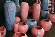New pink & blue pottery with irises & butterflies at Van Briggle Pottery. Colorado Springs, CO.
