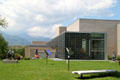 Sculpture garden at Colorado Springs Fine Arts Center with mountains beyond. Colorado Springs, CO.