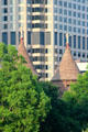 Towers of Hartford Civil War Memorial against skyscraper. Hartford, CT.