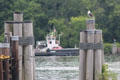 Chester-Hadlyme Ferry on Connecticut River seen near docks. CT.