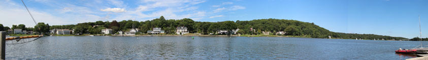 Panorama of harbor & town surrounding Mystic Seaport. Mystic, CT.