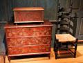 Painted document box from northern New England; lift-top painted chest with drawer attrib. Robert Crossman of Taunton, MA; & side chair from MA at Yale University Art Gallery. New Haven, CT.
