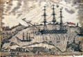 Scrimshaw panbone shows imaginary port scene at National Museum of American History. Washington, DC.