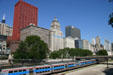 Buildings of South Michigan Avenue over Chicago METRA commuter train. Chicago, IL.