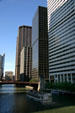 White 200 South Wacker Drive with Mercantile Exchange & short & tall Hartford Plaza buildings beyond. Chicago, IL.