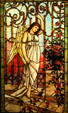 Stained glass window of Angel at Gates of Heaven from Philadelphia at Stained Glass Museum. Chicago, IL.