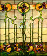 Stained glass window with Art Nouveau Irises at Stained Glass Museum. Chicago, IL.