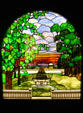 Stained glass window of Garden with Fountain from Chicago house at Stained Glass Museum. Chicago, IL.