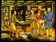 Details of stained glass window of Printers History showing First Iron Press in Philadelphia in 1814 at Stained Glass Museum. Chicago, IL.