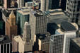 Brown Century Tower, blue Florsheim Tower, octagonal Randolph Tower, white 180 N. LaSalle, round sky lit Thompson Center & semi-round-topped 120 N. LaSalle from Sears Tower. Chicago, IL.