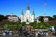 Overview of Jackson Square with Cabildo, St. Louis Cathedral, Presbytère & Andrew Jackson statue. New Orleans, LA