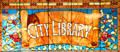 Stained glass window of Lowell Memorial Hall Library. Lowell, MA.