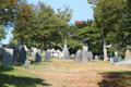 Plymouth burial hill with earliest stone from 1681 where earlier wooden crosses are now lost. Plymouth, MA.
