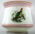 Mold-blown glass flower pot decorated with parrot by Boston & Sandwich Glass Co. at Sandwich Glass Museum. Sandwich, MA.