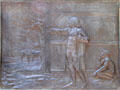 Bronze relief on base of Benjamin Franklin statue of Franklin drawing electricity from the clouds. Boston, MA.