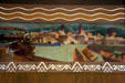 Art Deco Mural of steam locomotive arriving at shipping port in Omaha Union Station. Omaha, NE.